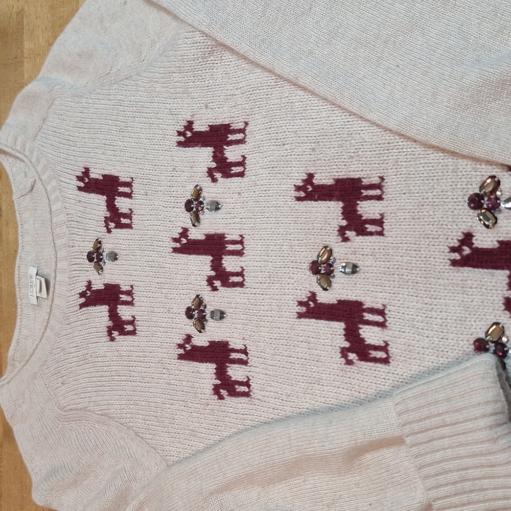 J Crew Merino Wool Blend Sweater Cream Dark Red Llama Jewels‎ Holiday Sm-Med
